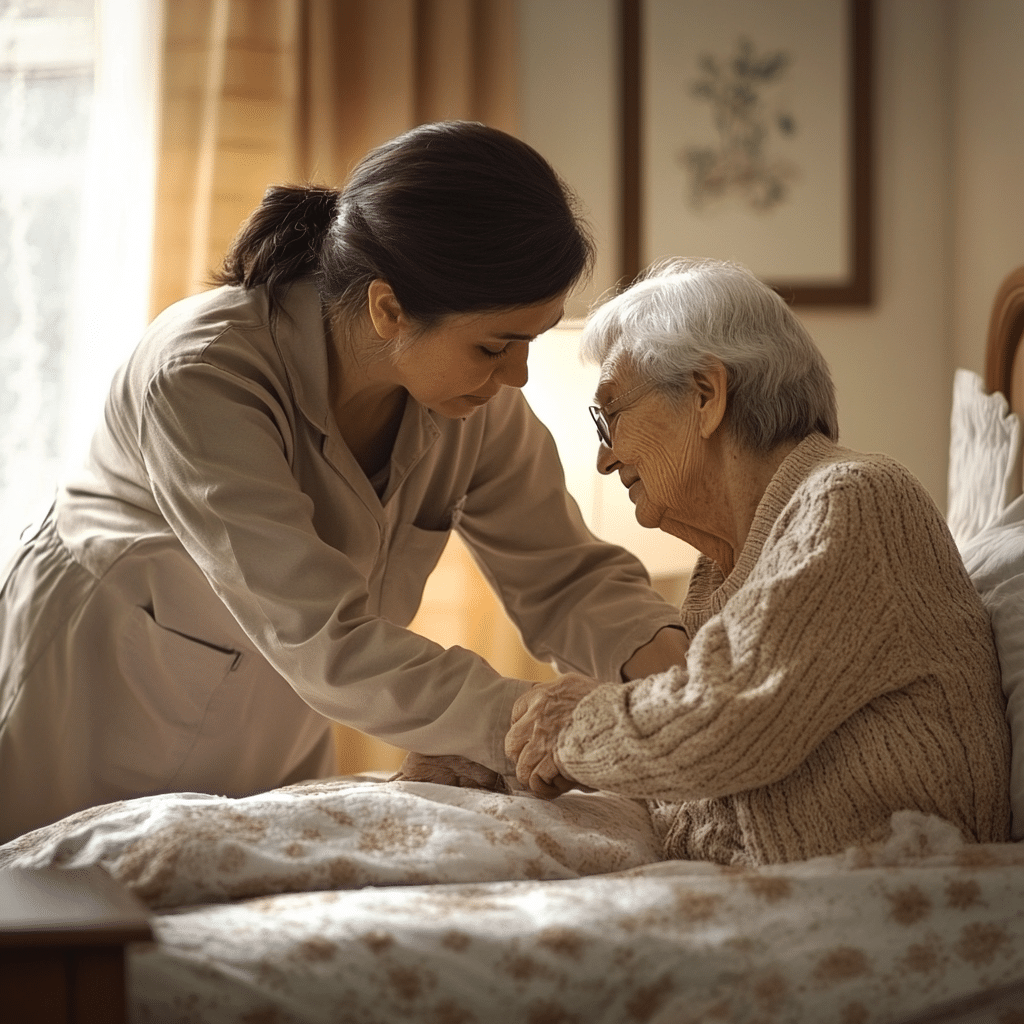 Cuidadora de ancianos a domicilio asistiendo a una mujer mayor