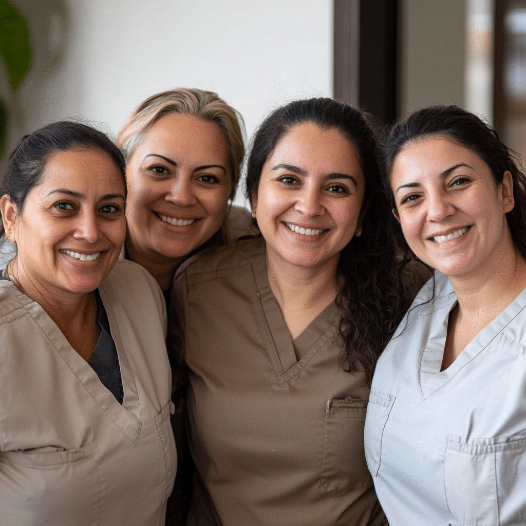 Cuatro cuidadoras de fin de semana sonriendo a cámara