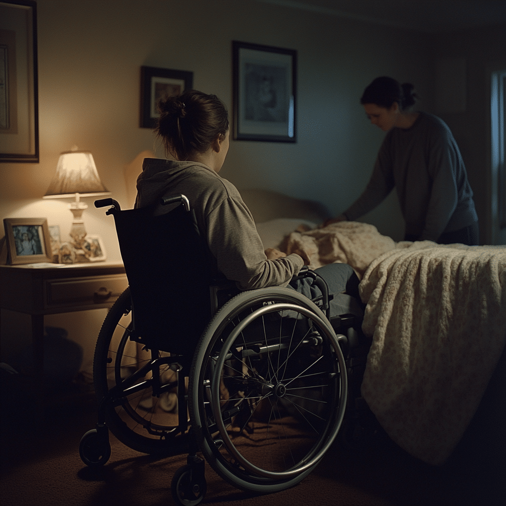 Chica joven con minusvalía esperando a que la cuidadora nocturna le haga la cama