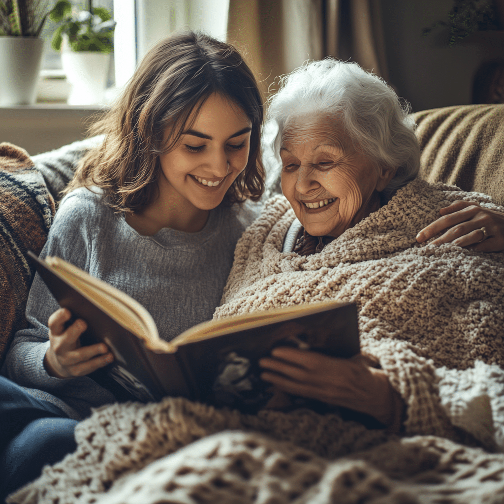 Cuidadora leyendo un libro con una anciana de 80 años