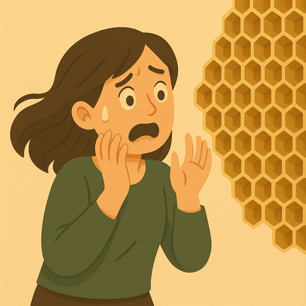 Chica con tripofobia mirando un panal de abejas